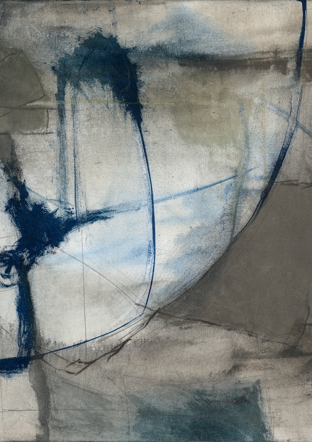 Abstract artwork with navy curved lines on a textured neutral taupe and grey ground