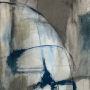 Abstract painting with a curved navy line and sketched geometry on a textured grey background
