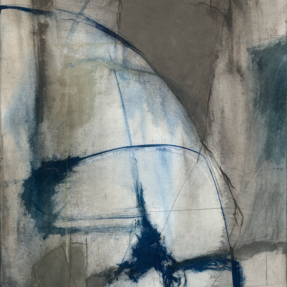Abstract painting with a curved navy line and sketched geometry on a textured grey background