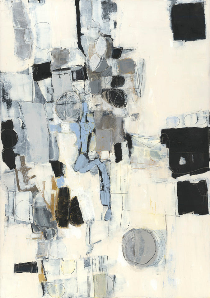 Abstract painting with geometric shapes, circles, and lines in charcoal, grey, cream, and blue tones.