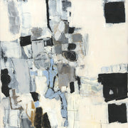Abstract painting with black, grey and blue geometric shapes on a cream background
