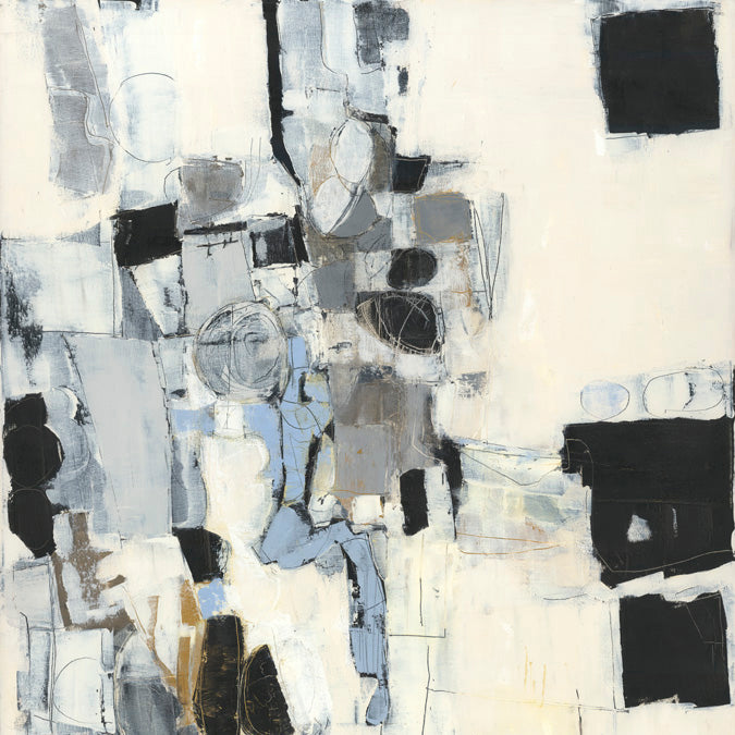 Abstract painting with black, grey and blue geometric shapes on a cream background