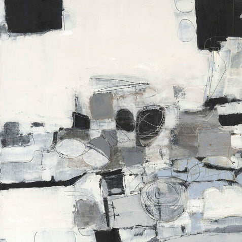 Abstract artwork with grey, black and white geometric shapes and sketchy line work