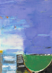 Abstract painting with violet background, blue-white gradient, and green semi-circle shape