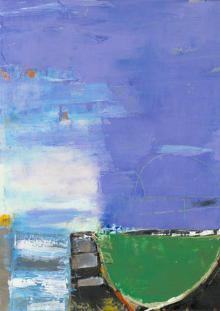 Abstract painting with violet background, blue-white gradient, and green semi-circle shape