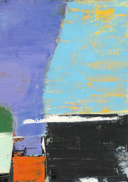 Abstract painting with violet, blue, black, orange and green colour blocks and textured brushwork