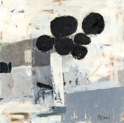 Abstract painting with black organic shapes atop a white stem against grey and cream blocks