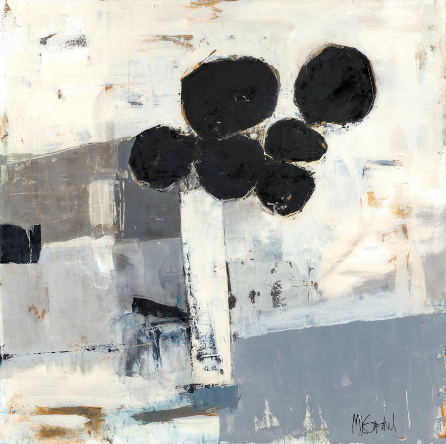 Abstract painting with black organic shapes atop a white stem against grey and cream blocks