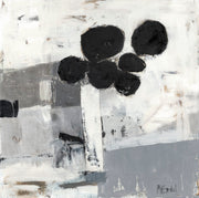 Abstract painting of black organic shapes atop a white stem on a grey and white textured background