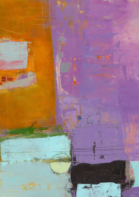 Abstract painting with orange, lavender, aqua and black colour blocks and a cream circle