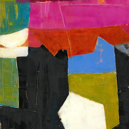 Abstract painting with magenta, black, olive and cream geometric blocks and sharp diagonal edges