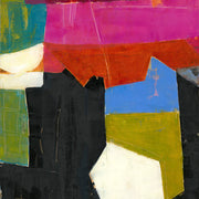 Abstract painting with magenta, black, olive and cream geometric blocks and sharp diagonal edges