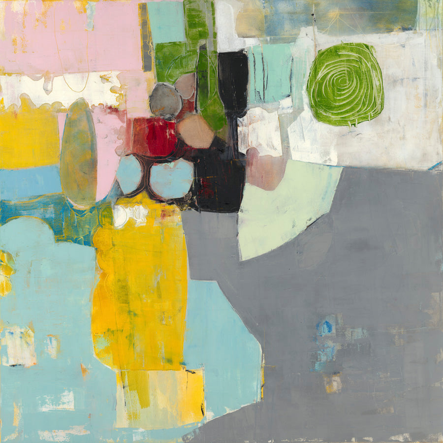 Abstract painting with yellow, blue, pink and grey colour blocks and a green spiral