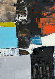 Abstract artwork with black, orange, blue and yellow-green color blocks on a textured background.
