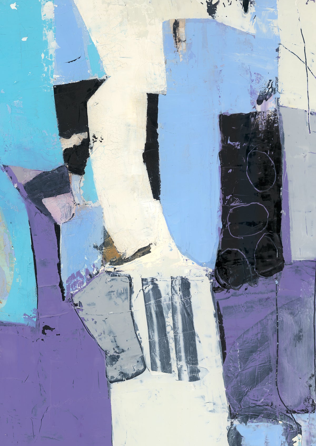 Abstract geometric painting in turquoise, purple, cream and black with textured surface