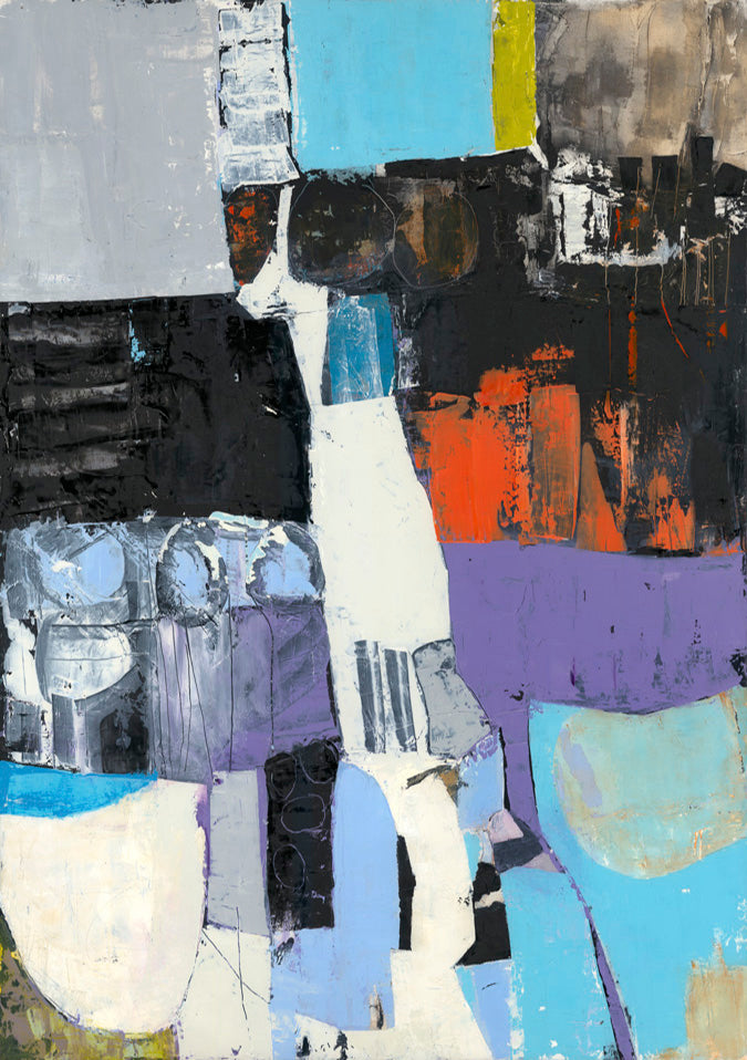 Abstract painting with black, white, purple, orange and blue geometric and rounded shapes with textured brushwork.