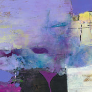 Abstract painting in purple, blue and yellow with a dark charcoal base and magenta accent