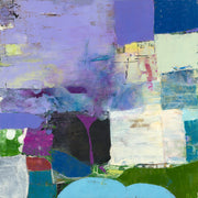 Abstract painting with lavender, teal, olive and magenta color blocks and a dark charcoal shape
